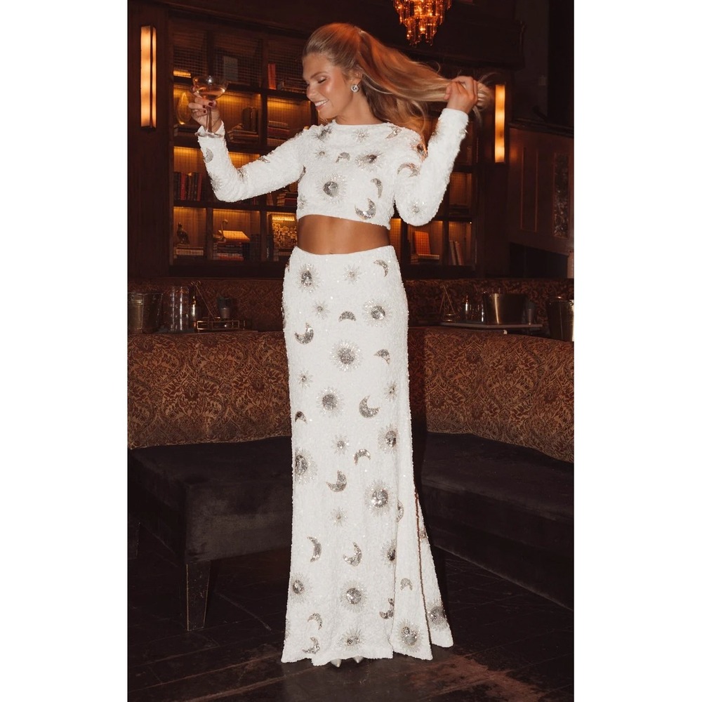 Show Me Your Mumu White Sequin Celestial Sun Moon Maxi Skirt Beaded